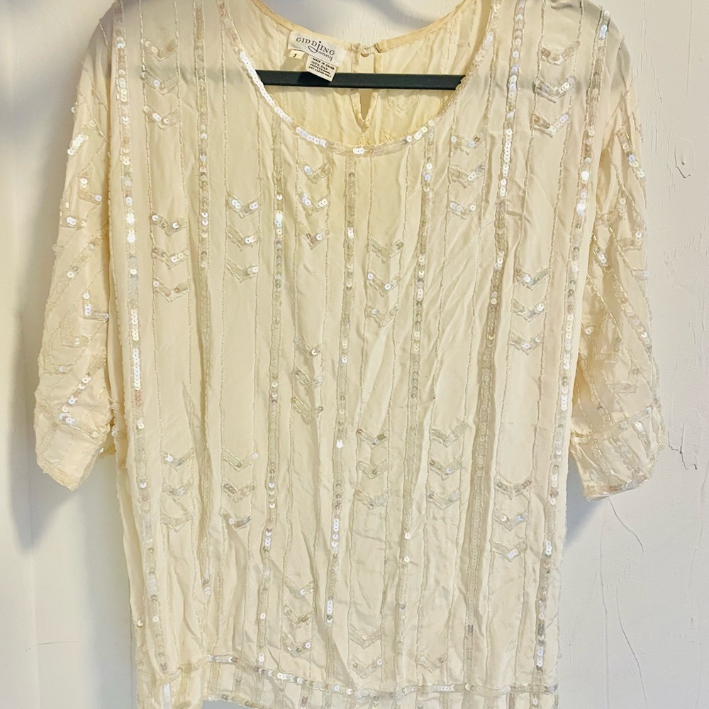 Gidding Jenny Vintage Elegant Cream Sequin Blouse, Sz S